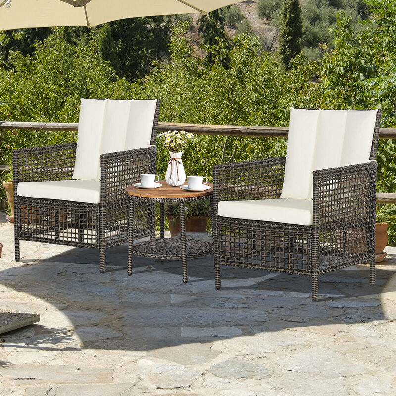 3 Pieces Patio Rattan Conversation Sets with Cushioned Sofas and Wood Table Top