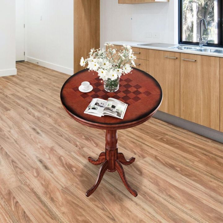Hivvago 42 Inch Wooden Round Pub Pedestal Side Table with Chessboard