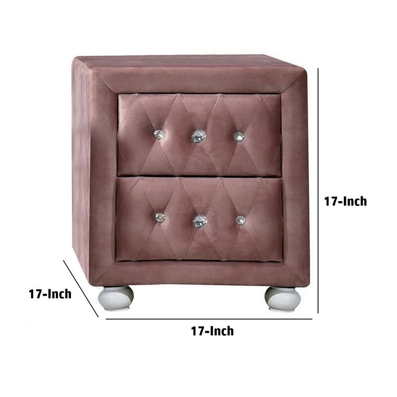 Rex 17 Inch Modern Upholstered Nightstand, 2 Drawer, Crystal Handles, Pink-Benzara