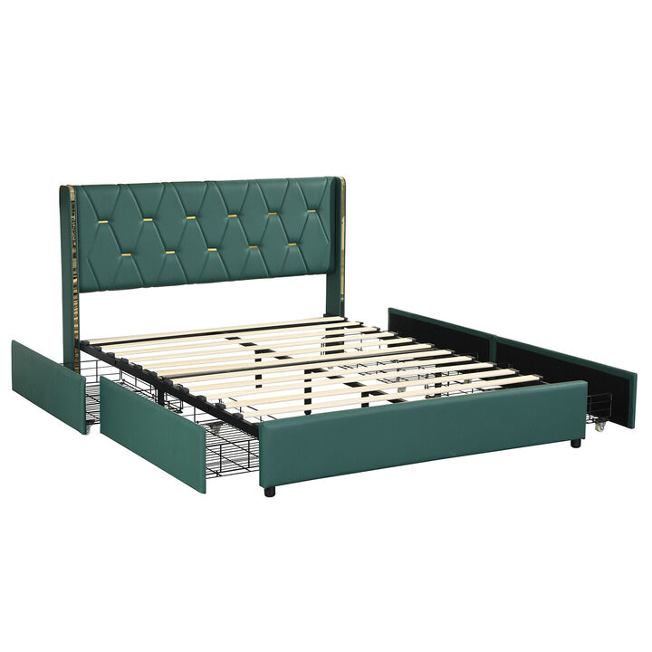 Full Size Upholstered Bed Frame with 4 Drawers-Green