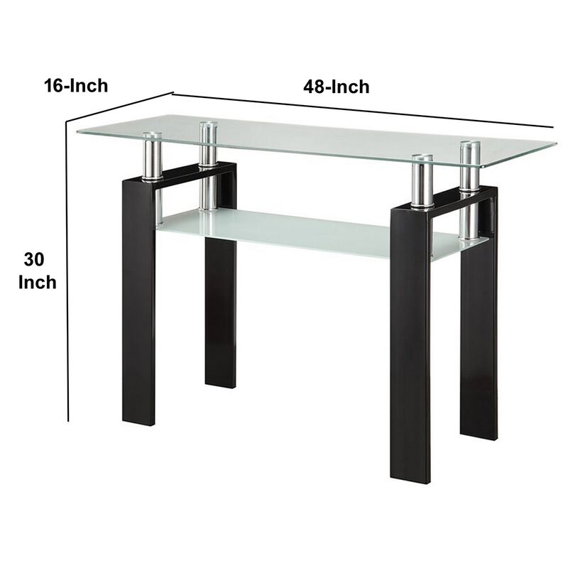 48 Inch Modern Sofa Console Table, Frosted Glass Shelf, Chrome, Black-Benzara