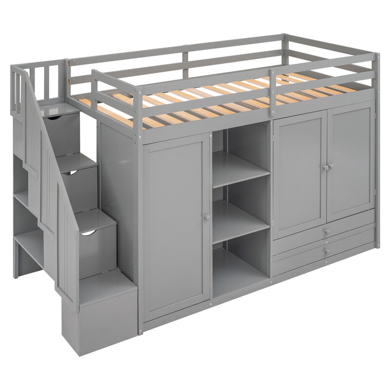 Functional Loft Bed With 3 Shelves, 2 Wardrobes And 2 Drawers, Ladder With Storage