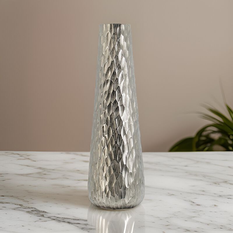 23 Inch Tall Oblong Vase, Diamond Textured, Tapered, Aluminum, Silver - Benzara