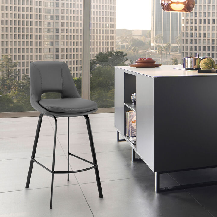 Carise Gray Faux Leather and Black Metal Swivel Bar Stool