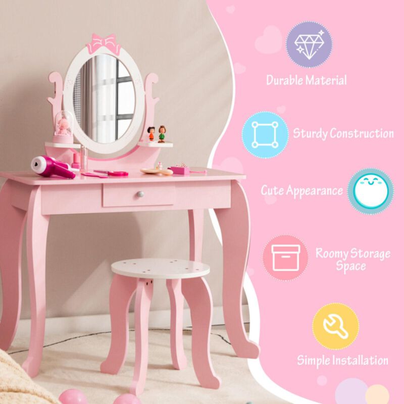 Hivvago Kid Vanity Table Stool Set with Oval Rotatable Mirror-Pink