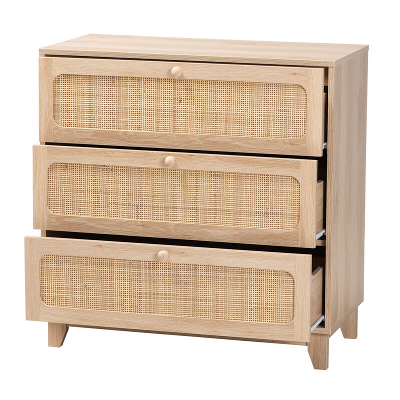 Baxton Studio Elsbeth Japandi Oak Finished Wood and Natural Rattan 3 Drawer Storage Cabinet