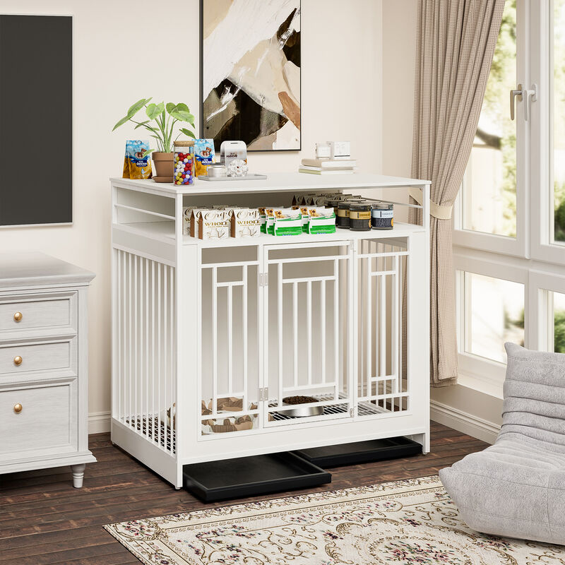 Wooden Dog Cage Furniture for Large Dogs with Divider, Double Doors, and Storage Shelf