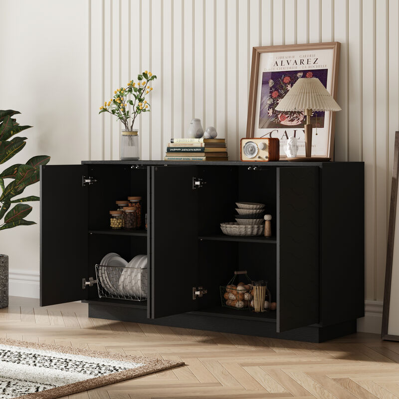 FUFU&GAGA Modern Black Sideboard Cabinet with 4 Doors, Adjustable Shelves, Engineered Wood (55.1" W x 15.7" D x 31.5" H), Black