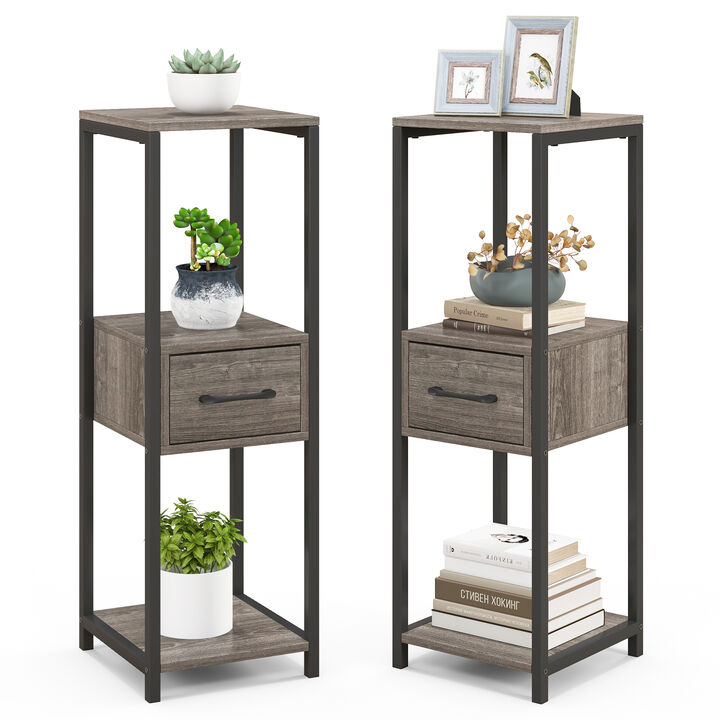 2 Pack 3 Tier Tall Metal Plant Stand with Drawer and Display Shelf-Grey