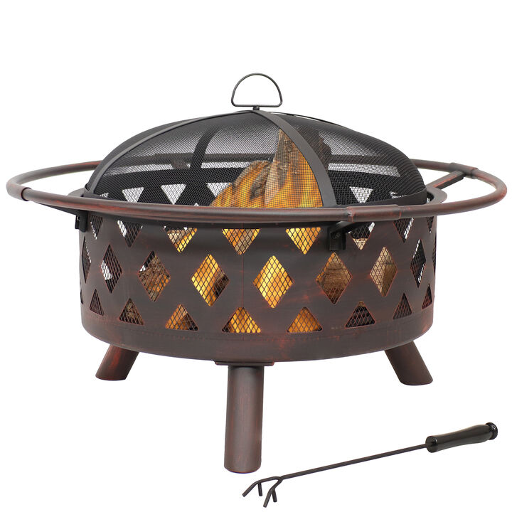 Sunnydaze 30 in Crossweave Steel Fire Pit with Screen and Poker