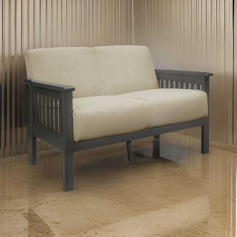 Wiston 50 Inch Loveseat, Beige Polyester, Dark Gray Solid Rubberwood - Benzara