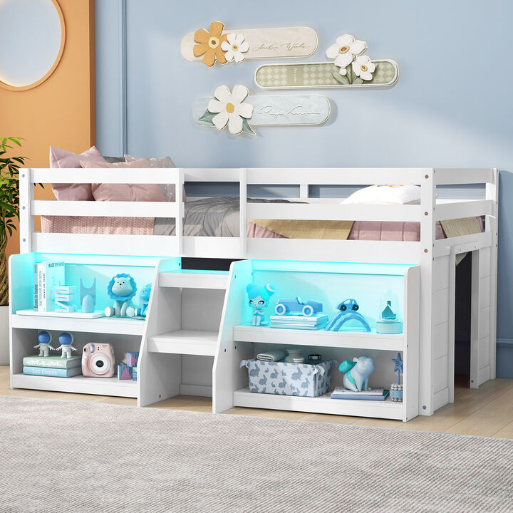 Twin Size Loft Bed with LED Lights with Staircase and Safety Guardrail-Grey