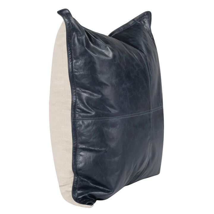 Norm 22 Inch Square Accent Throw Pillow, Pieced Design Classic Blue Leather-Benzara
