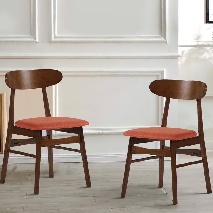 Bev 20 Inch Set of 2 Dining Chairs, Orange Cushions, Dark Brown Rubberwood - Benzara