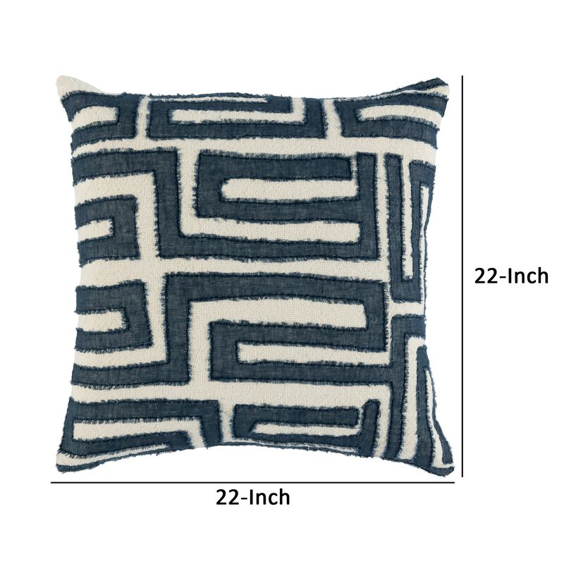 22 Inch Square Accent Throw Pillow, Hand Stitched Applique in Blue, Ivory-Benzara