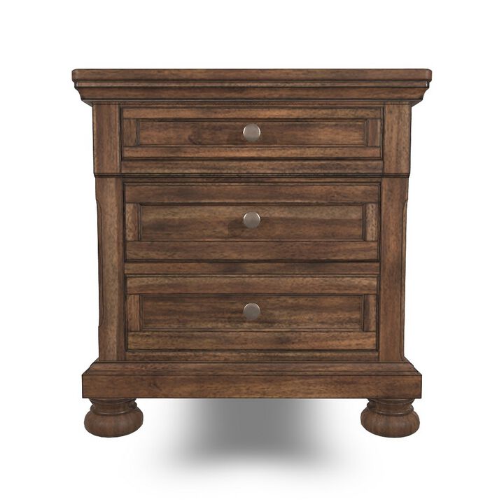 Flynt Nightstand, 2 Drawers, Pull Out Tray, Brass Knobs, Rustic Brown - Benzara