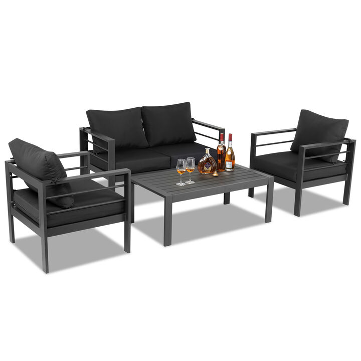 4-Piece Modern Aluminum Patio Set, Outdoor Sectional Sofa with Coffee Table & Cushions