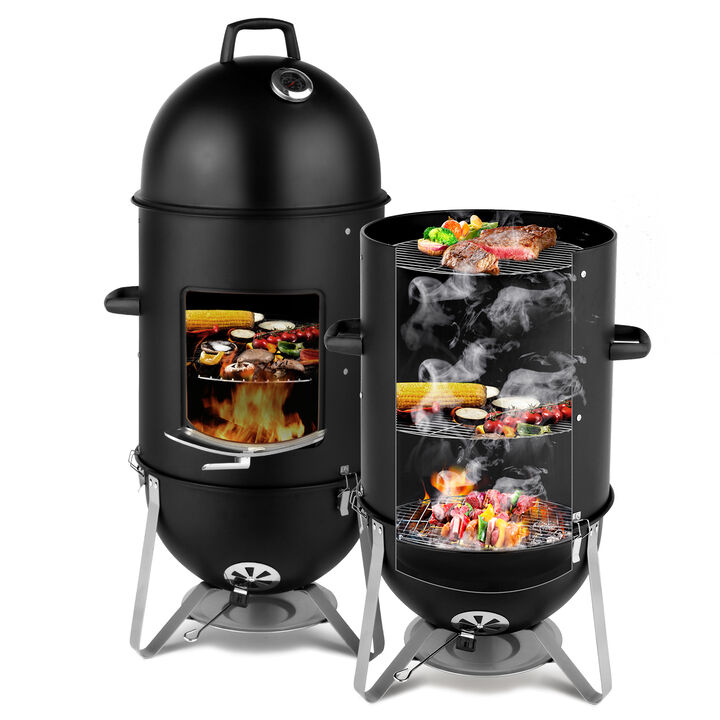 Vertical Charcoal Smoker Heavy-Duty 3-Layer Round BBQ Grill for Outdoor Cooking and Smoking