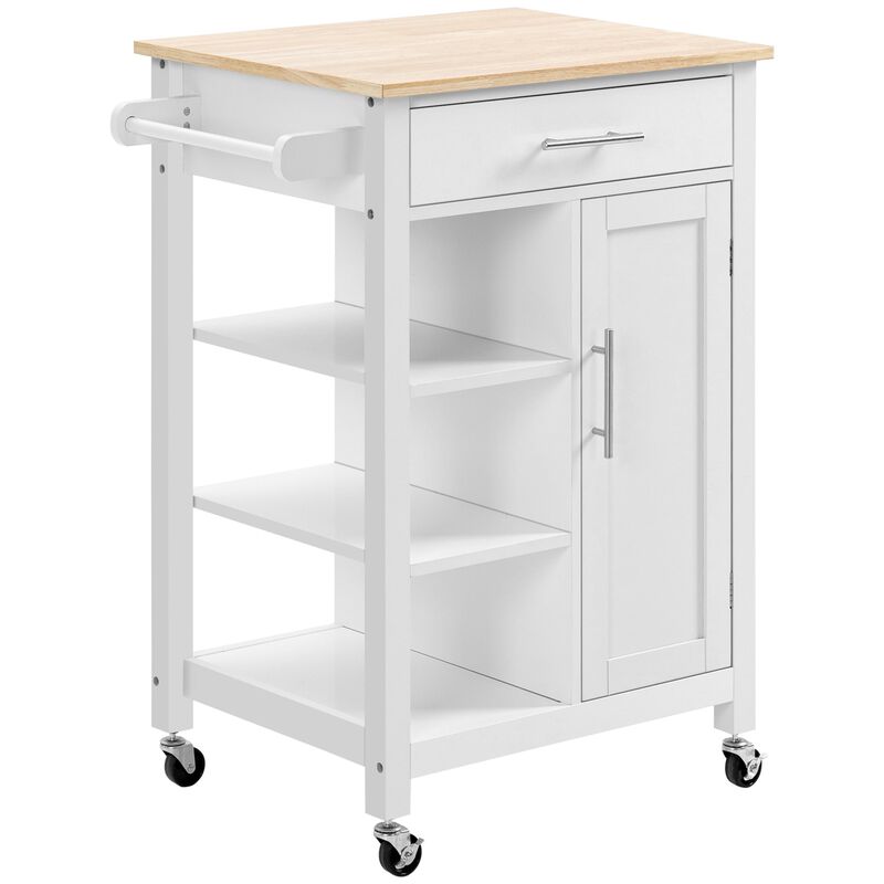 White Kitchen Island: Compact Rolling Cart with Shelf & Drawer