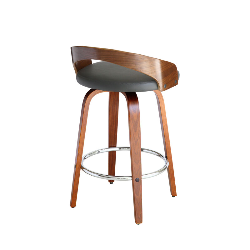 Sonia Bar Height Swivel Brown Faux Leather and Walnut Wood Bar Stool