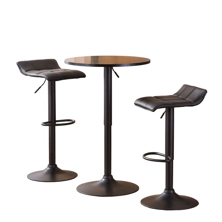 Belham Black Round Top Adjustable Height Bar Table and 2 Bonded Leather Swivel Bar Stools