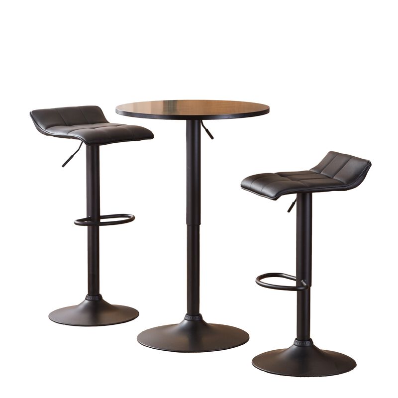 Belham Black Round Top Adjustable Height Bar Table and 2 Bonded Leather Swivel Bar Stools