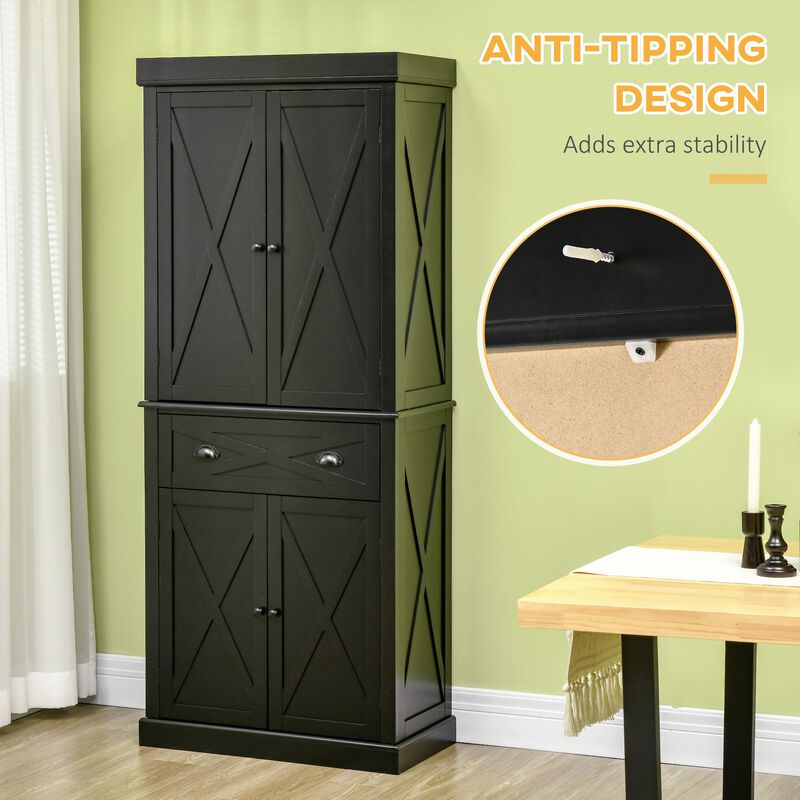 Black Kitchen Storage: 72" Pantry Cabinet with 6 Tiers & Drawer
