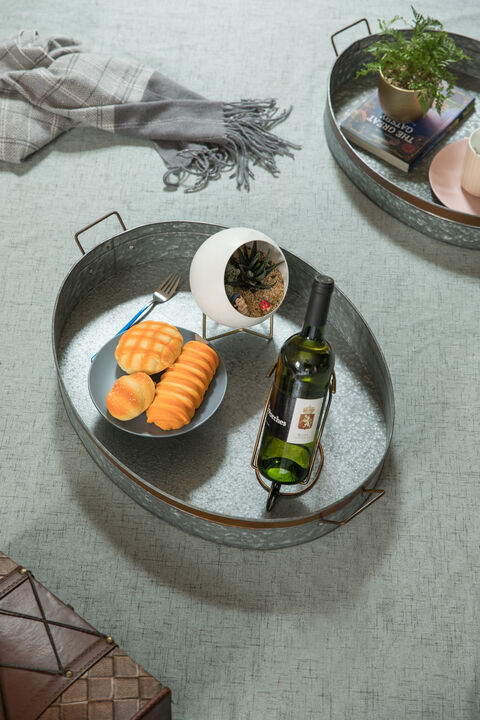 Galvanized Metal Oval Rustic Serving Tray With Handles, Large
