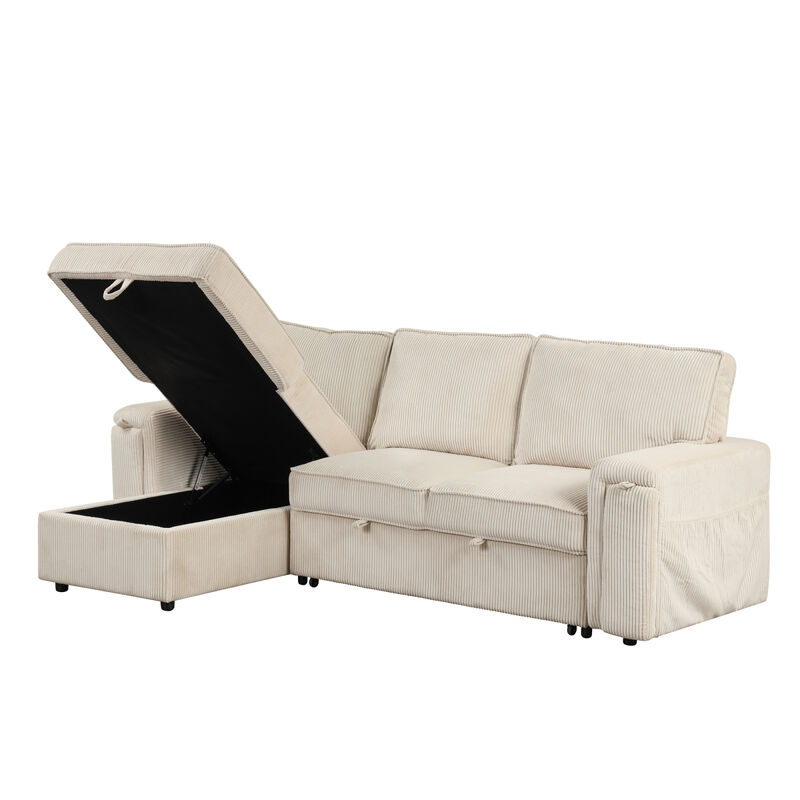 Upholstery Sleeper Sectional Sofa With Storage Bags And 2 Cup Holders On Arms