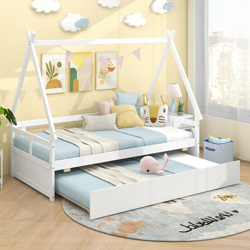 House Bed with Trundle and Safety Guardrail