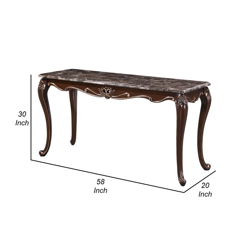 Cona 58 Inch Console Table, Carved Gold Accents, Cherry Brown, Gray, White - Benzara