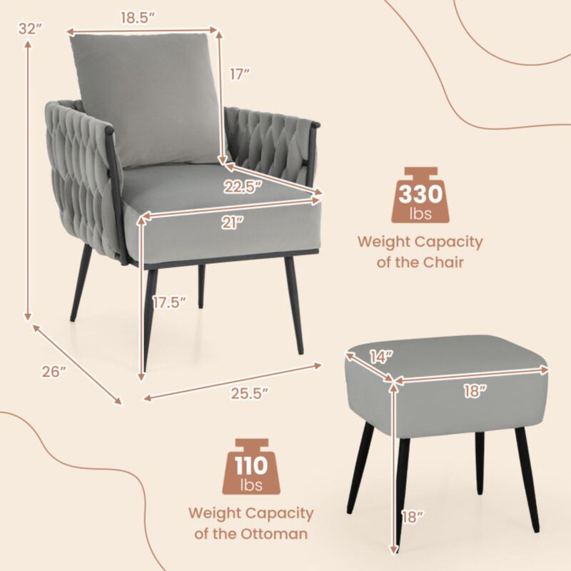 Hivvago Modern Dutch Velvet Accent Chair and Ottoman Set with Weaved Back and Arms