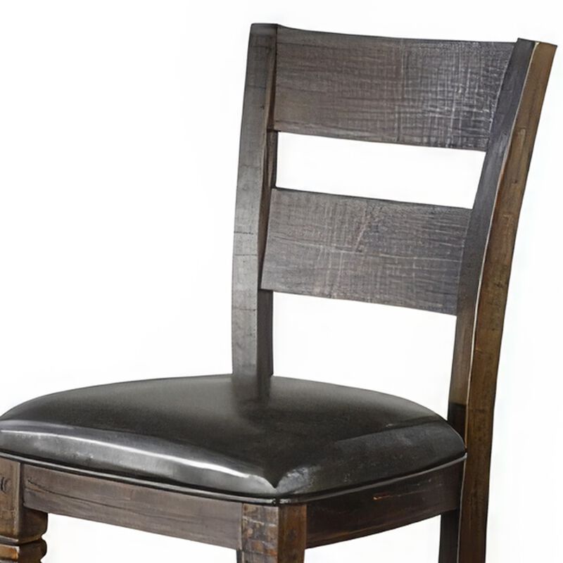 Flint Barstool Chair, Ladderback, Black Vinyl, Dark Brown Mahogany - Benzara