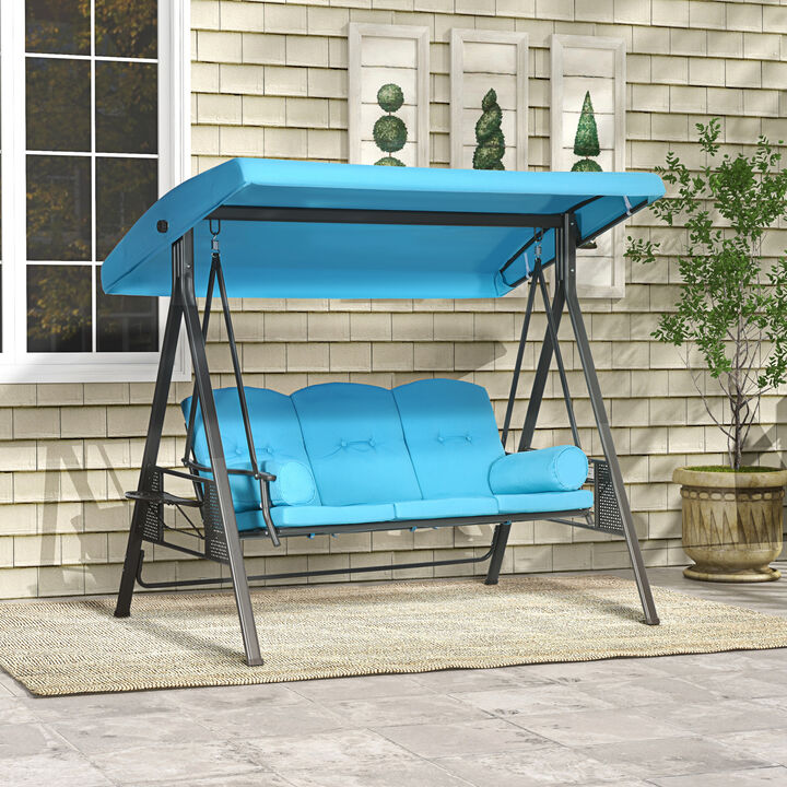 3-Person Outdoor Canopy Patio Cushioned Bench Patio Glider Swing Seat, Blue