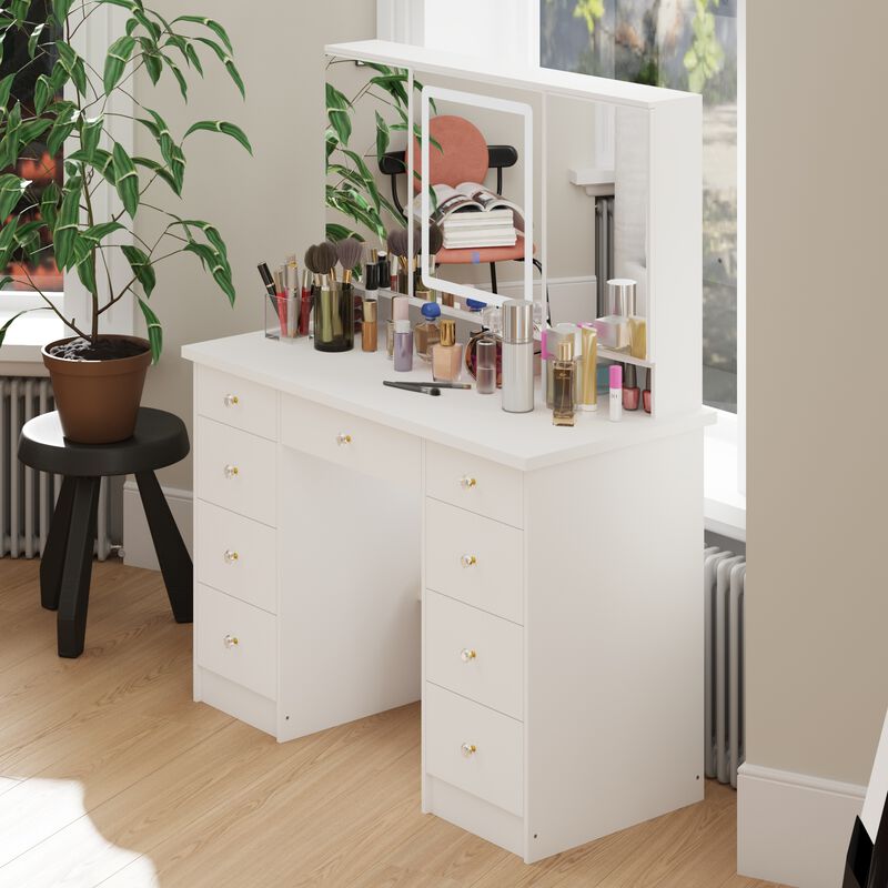 FUFU&GAGA Elegant Vanity Table with 9 Spacious Drawers and LED Mirror - 3 Lighting Modes (43.3”W x 19.7”D x 53.9”H),White