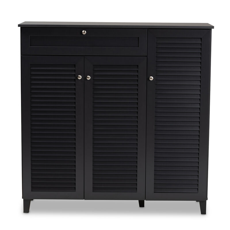 Baxton Studio Coolidge Dark Grey Finished 11 Shelf Wood Shoe Storage Cabinet With Drawer