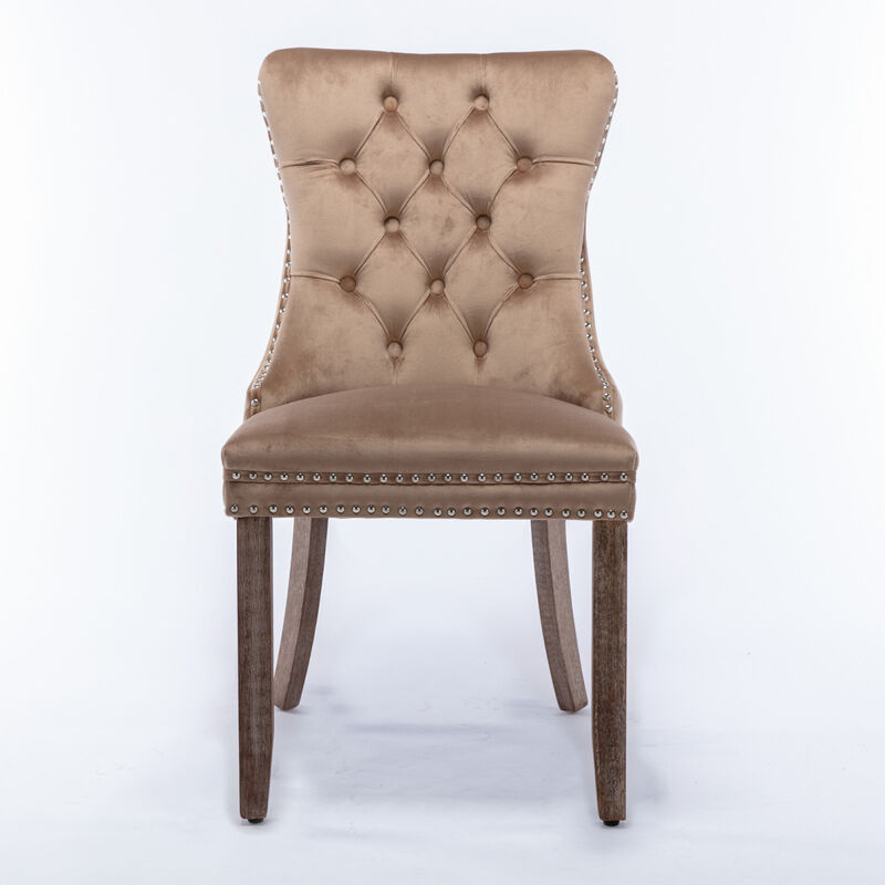 2 Pieces Set, Khaki Velvet Dining Chairs With Wood Legs