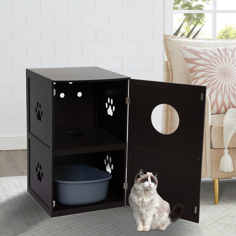 2-Tier Cat Litter Box Enclosure with Multiple Vents Brown