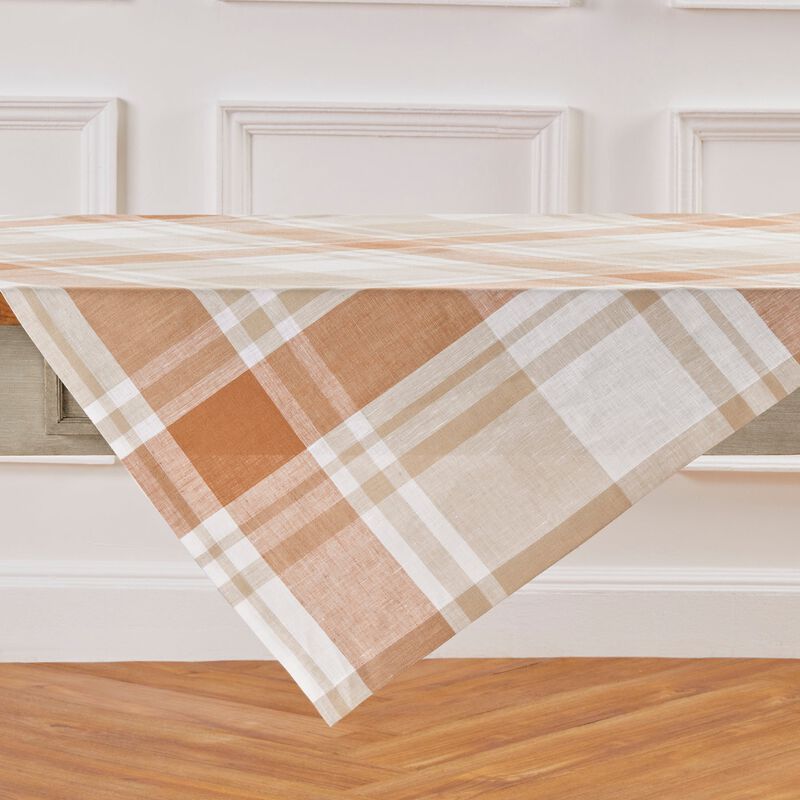 Solino Home 100% Pure Linen Fall Harvest Plaid Table Throw 50 x 50 Inch