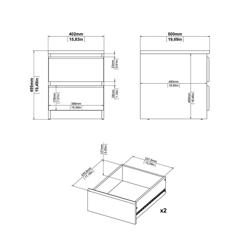Tvilum 2 Drawer Nightstand White High Gloss