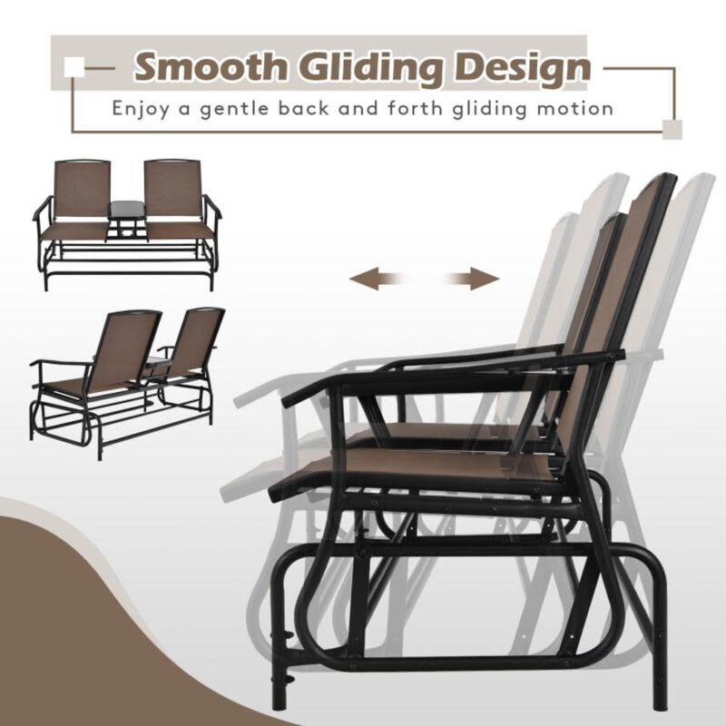 Hivvago 2-Person Double Rocking Loveseat with Mesh Fabric and Center Tempered Glass Table