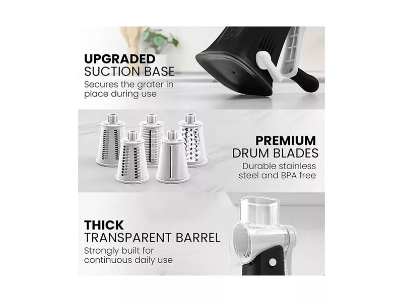 Zulay Kitchen 5 Blade Rotary Cheese Grater with 5 Interchangeable Drums Hand Crank Cheese Shredder and Slicer with Reinforced Suction