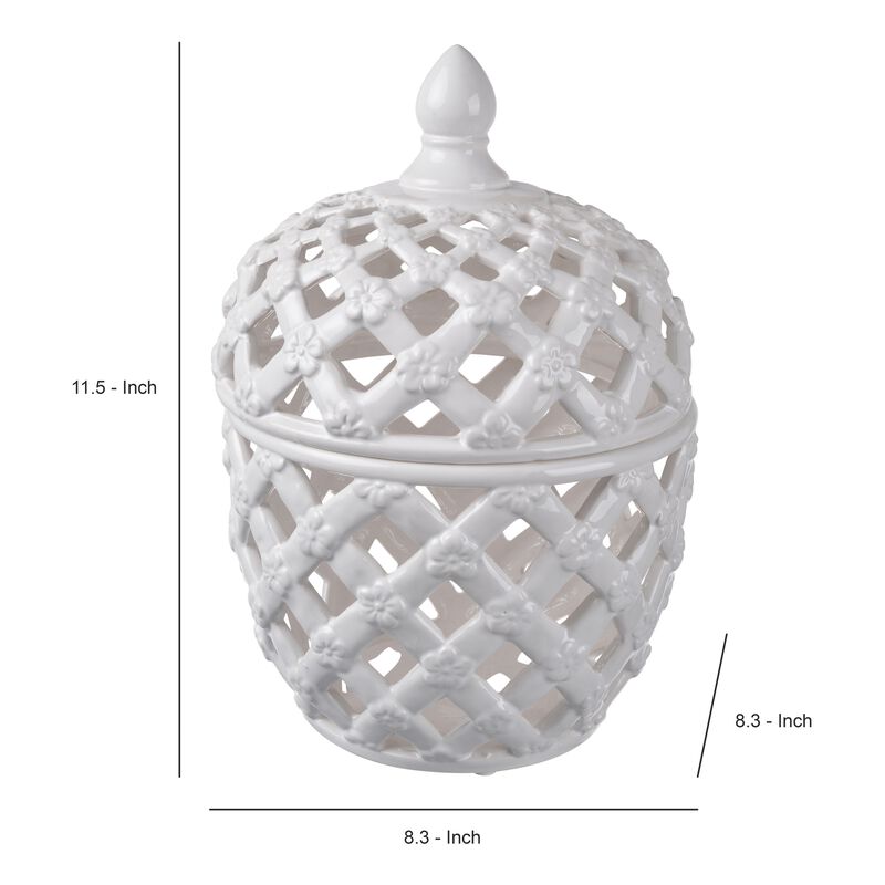 Decorative Ceramic Lidded Jar with Cut Out Texture, Large, White - Benzara