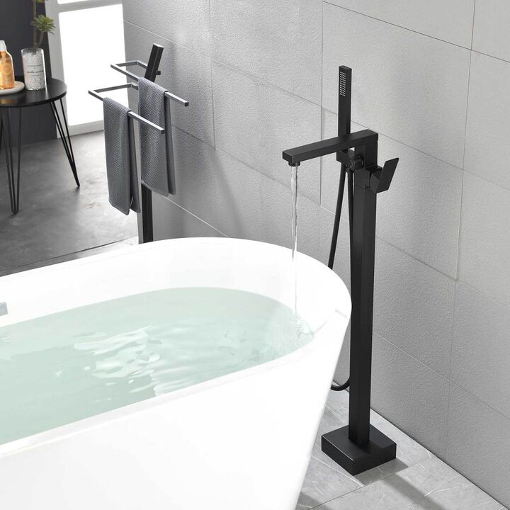 Matte Black Floor Mount Tub Filler with Hand Shower