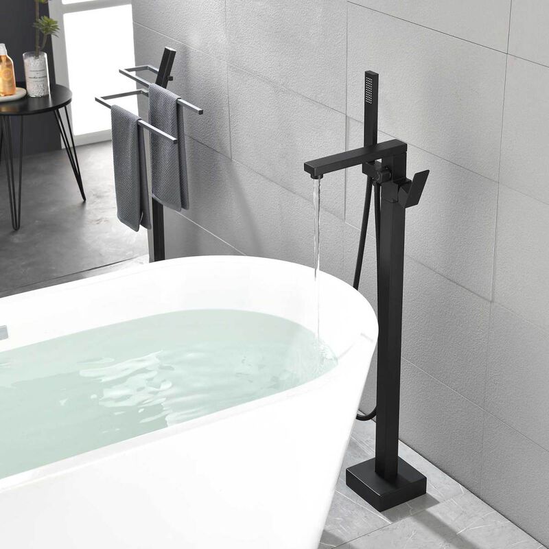 Matte Black Floor Mount Tub Filler with Hand Shower