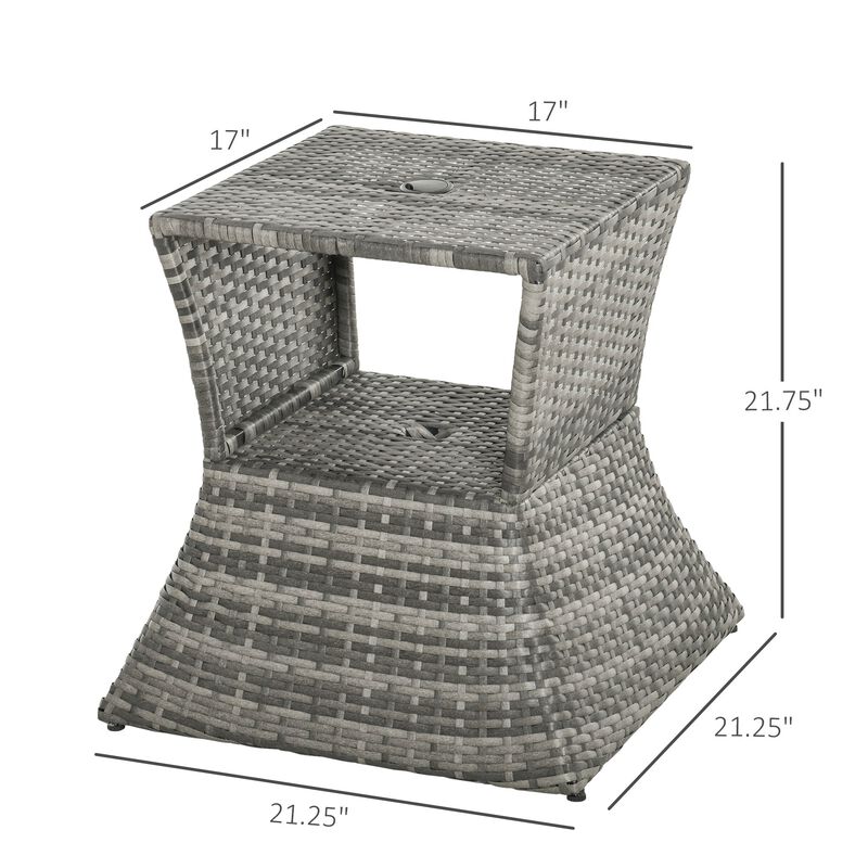 Gray Garden Side Table: 2-Tier Rattan Bistro Table with Umbrella Hole