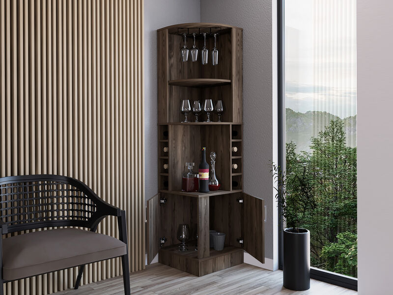 DEPOT E-SHOP Egina Corner Bar Cabinet, Two External Shelves, Dark Walnut