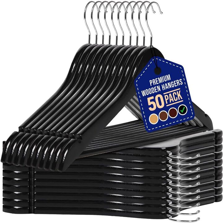 Wooden Hanger Set - 50 Pieces Non-Slip Versatile Closet Space-Saving Hanger Set for Suit, Coat, Camisole, Jacket, Pants, and Dresses with 360° Swivel Hook - Black