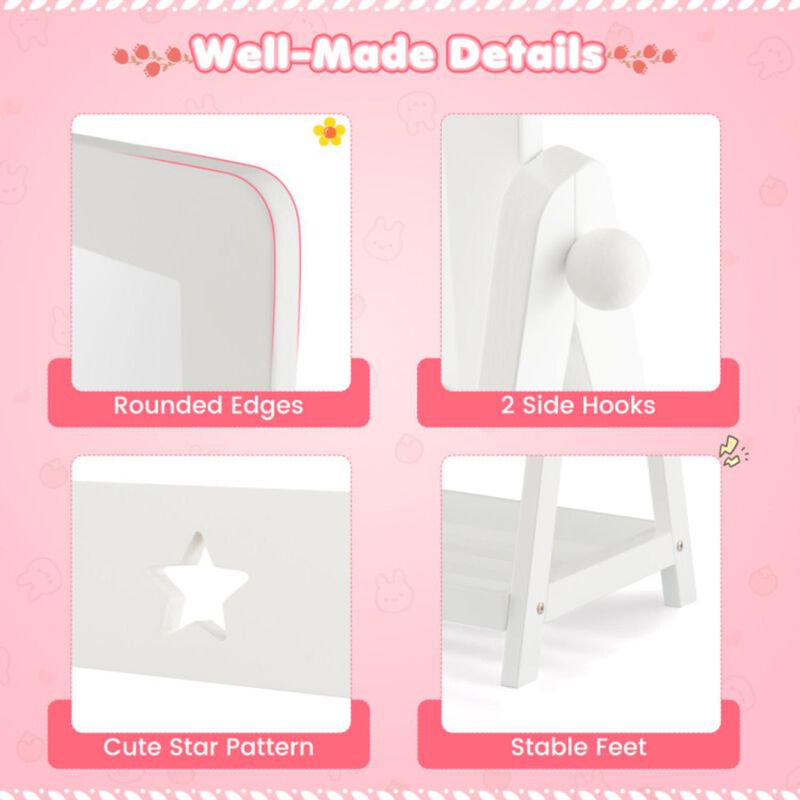 Hivvago Kids Full Length Wooden Standing Mirror with Bottom Shelf and Foldable Storage Bin-White