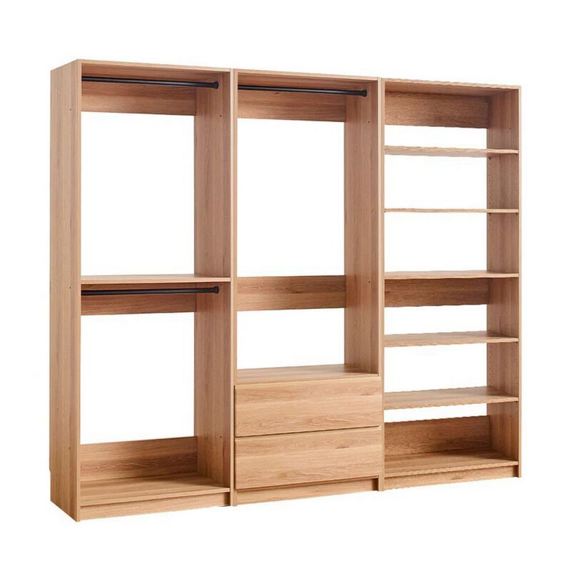 Dee Modular Closet System, 5 Floating Shelves, 2 Drawers, Oak Brown Wood - Benzara
